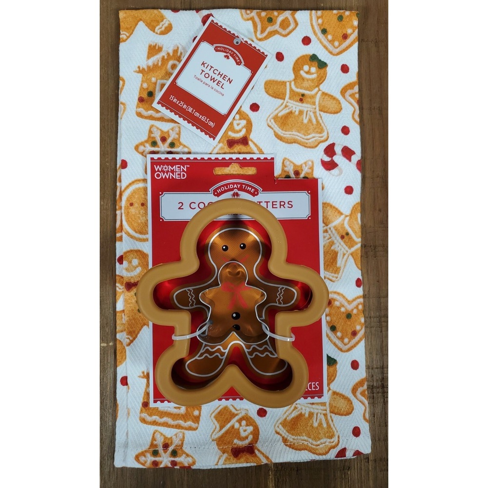 Kitchen Gift Set GINGERBREAD Man Cookie Cutters - Towel Christmas Candy Cane NEW